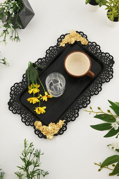 AKSESUAR EVRENİ Luce Black Lace Edged Carved Detailed Rectangular Decorative Presentation Tray