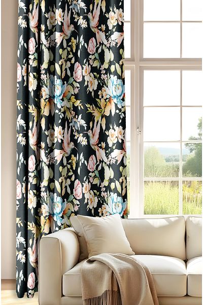 CANİLA Elegant Bird Patterned Digital Printed High Quality Background Curtain. Premium Background Curtain with Cornice and Extrafor.