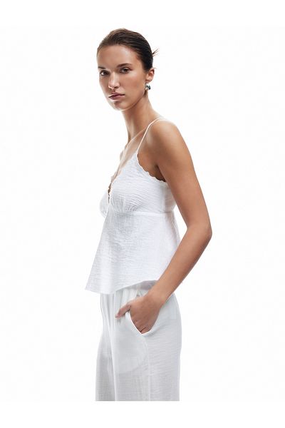 Koton Cotton V-Neck Brodeled Muslin Strap Blouse
