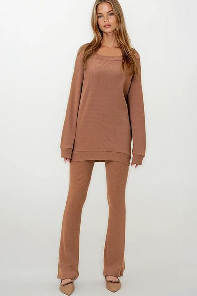 VAGGON Women's Camel Boat Neck Camisole Oversize Blouse and Flared Leg Pants Set Prmx13059