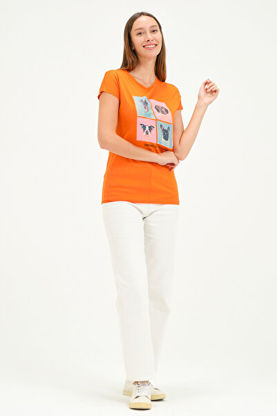 Endies تي شيرت نسائي أساسي مطبوع برقبة دائرية وأكمام قصيرة مقاس عادي 20601 ORANJ