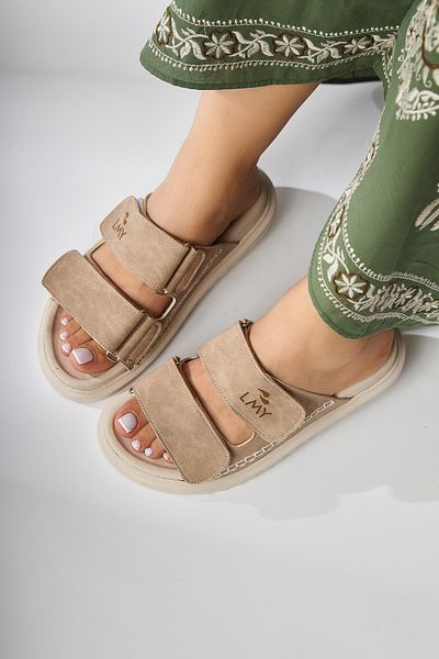 Limoya Yumi Beige Embroidery Detailed Double Banded Women's Slippers
