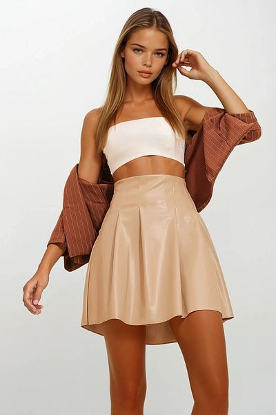 VAGGON Women's Beige Pleated Detailed Faux Leather Skirt Prmx10718