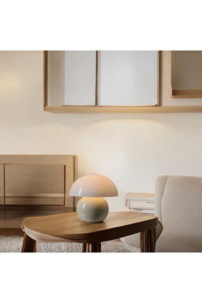 Fico Home Modern Abajur Krem Mushroom Masa Lambası Metal Şapka Metal Gövde