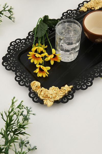 AKSESUAR EVRENİ Luce Black Lace Edged Carved Detailed Rectangular Decorative Presentation Tray