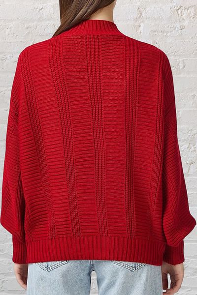 AQE FASHION Tricotaj casual pentru femei cu mâneci balon împletite Cardigan roșu