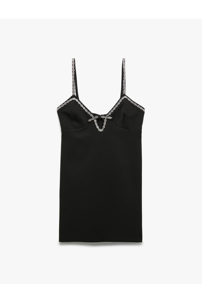 Koton Kurdele Detaylı Kalp Yaka İnce Askılı Taşlı Mini Elbise