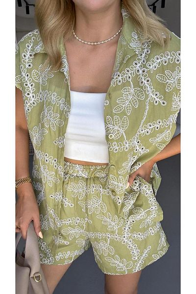 Sezgi Tekin Fisto Detail Shorts Vest Olive Set