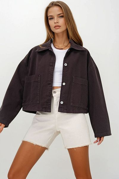 VAGGON Women's Bitter Brown Pocket Sheepman Stitched Crop Jean Jacket Prmx13562
