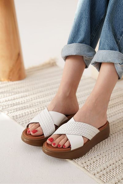 Zerenyus Fayn Premium White Braided Genuine Leather Slippers