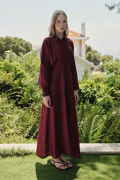 Hooopstore Φόρεμα μπορντό με μανίκια 100% λινό Raglan