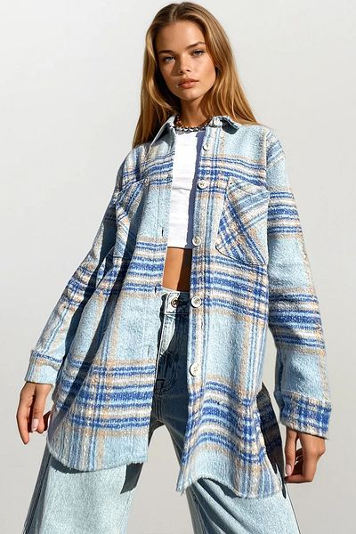 VAGGON Women's Blue-Beige Plaid Patterned Cashmere Cotton Oversize Safari Jacket Shirt Prmx10704