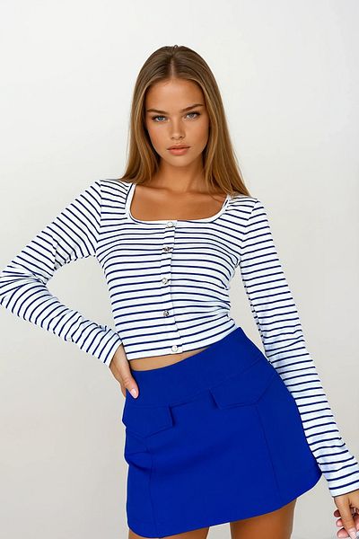 VAGGON Women's Saks Square Collar Stone Button Striped Blouse Prmx10956