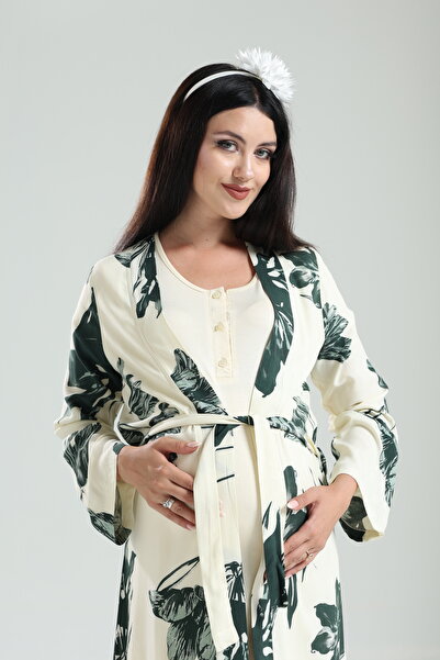 Pelin Kadın Tuba Yeşil Çiçek Desenli Lohusa Hamile Gecelik Sabahlık Takım