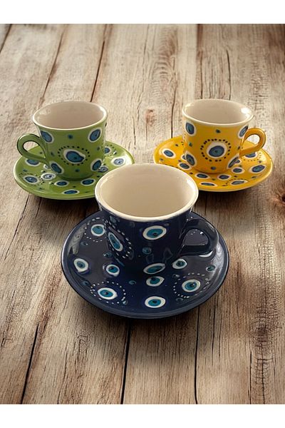 Artistic Quality Decorative 3-Person Stylish Evil Eye Bead Design Fully Handmade Coffee Cup Set