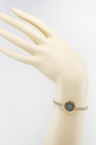 biuti Beige Colored Elevator Gold Zircon Stone Evil Eye Bracelet, Gift Bracelet