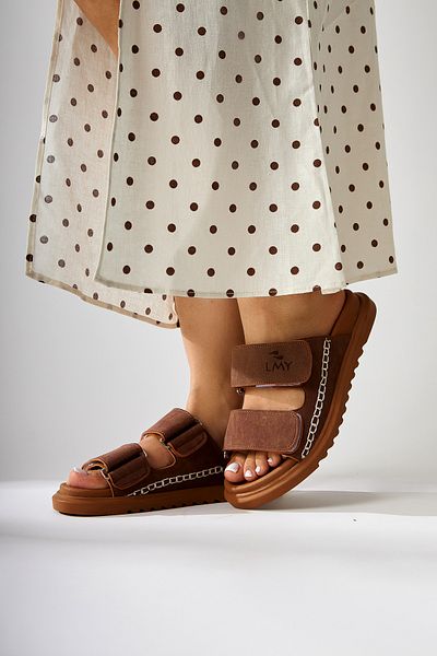 Limoya Yumi Tan Embroidery Detailed Double Striped Women's Slippers