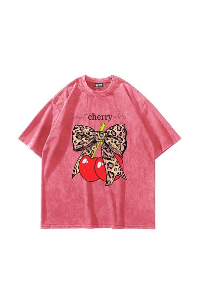 Sekizbiraltı Sweet Cherry Vibes Printed Oversize Unisex Πλενόμενο ροζ μπλουζάκι