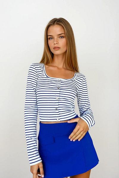 VAGGON Women's Saks Square Collar Stone Button Striped Blouse Prmx10956