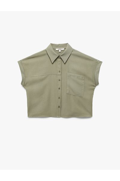 Koton Viscose Fabric Cap Sleeve Classic Collar Pocket Crop Shirt