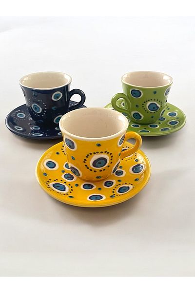 Artistic Quality Decorative 3-Person Stylish Evil Eye Bead Design Fully Handmade Coffee Cup Set