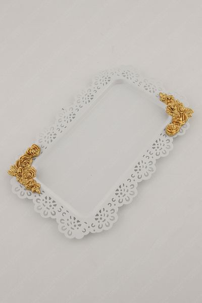 AKSESUAR EVRENİ Luce White Lace Edged Carved Detailed Rectangular Decorative Presentation Tray
