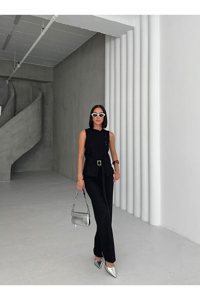 OUZ Fashion Women's Linen Asymmetrical Vest Pants Double Suit