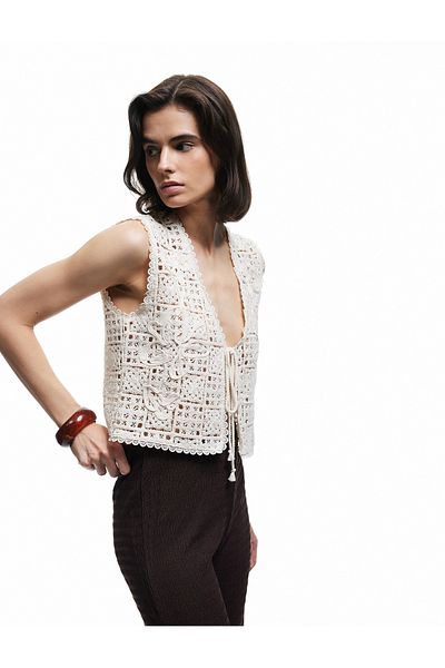 Koton Floral Openwork Crochet Crop Vest with Front Tie Detail