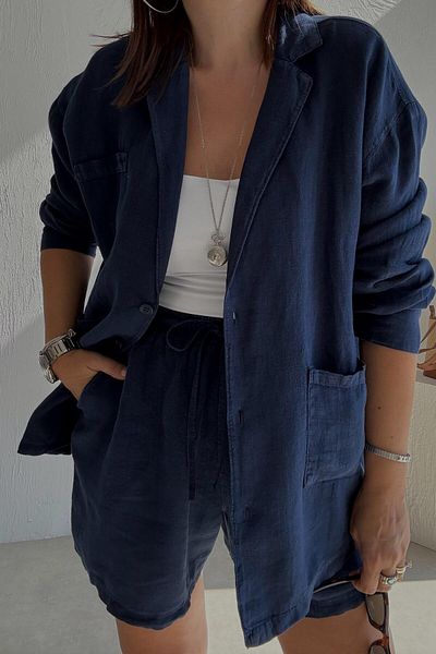 ELVAN TOLON Navy Blue Pocket Linen Shorts Jacket Set