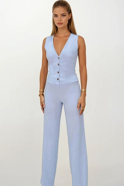 VAGGON Women's Blue V-Neck Buttoned Vest and Pants Suit Prmx13583