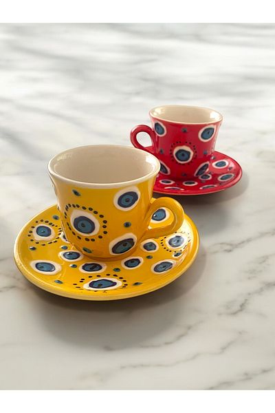 Artistic Quality Decorative 2-Person Stylish Evil Eye Bead Design Fully Handmade Coffee Cup Set