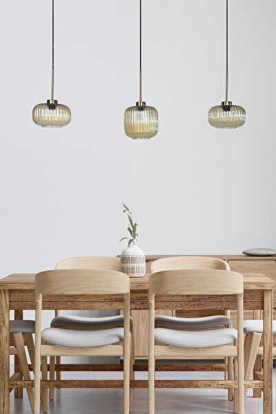 Bamyum Üçlü Lunex Cam Bal Rengi Avize İnce Eskitme Başlık Sarkıt Yemek Masası Üstü Iç Mekan Cafe Otel