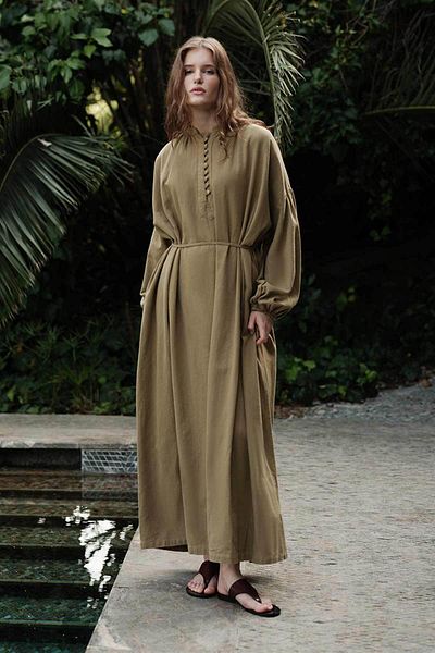 Hooopstore Oversize Linen Textured Khaki Dress