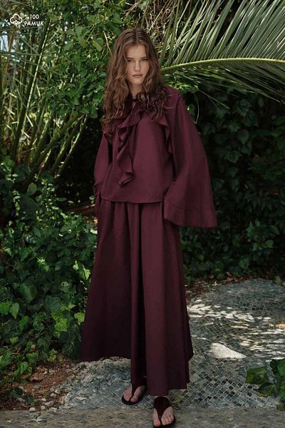 Hooopstore Boho Voile Burgundy Blouse Skirt Set