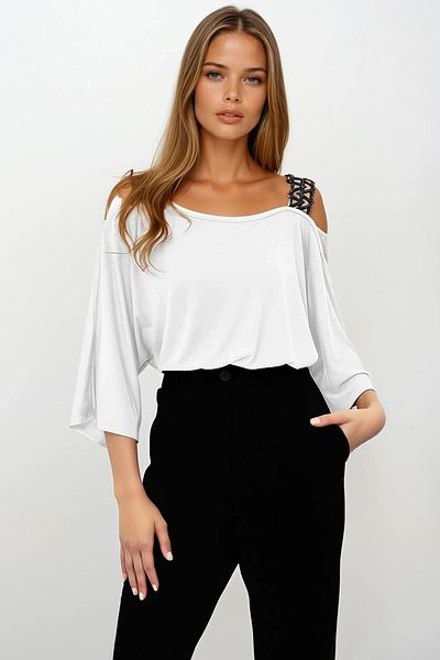 VAGGON Women's White Boat Neck One Shoulder Sequin Banded Blouse Prmx14129