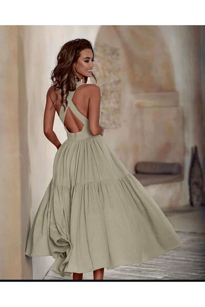 My Jest Fashion Cross Back Low-Cut Flared Dress-M - Beige