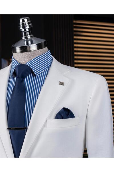 TerziAdemAltun Italian Style Slim Fit Mono Collar Men's Single Jacket Ecru T14303