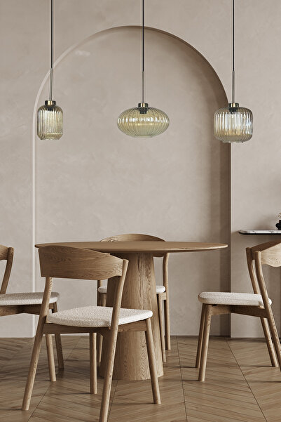 Bamyum Üçlü Lunex Cam Bal Rengi Avize İnce Eskitme Başlık Sarkıt Yemek Masası Üstü Iç Mekan Cafe Otel