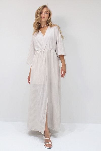 VAGGON Women's Beige Deep V-Neck Elastic Waist Striped Dress Vs00357