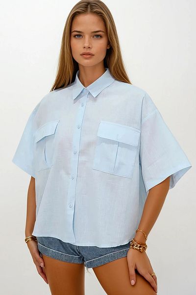 VAGGON Women's Baby Blue Double Pocket Half Sleeve Linen Shirt Vgn-X9991