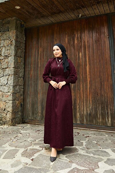 EBRUTESETTÜR Seyyar Kuşaklı Kolları Gipeli Jakar Tessetür Elbise Siyah
