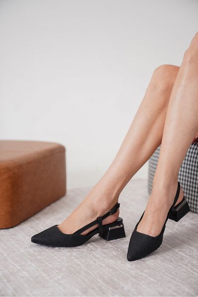 Moda Değirmeni Pantofi clasici cu toc gros din țesătură de paie pentru femei negre MD1001-119-0019