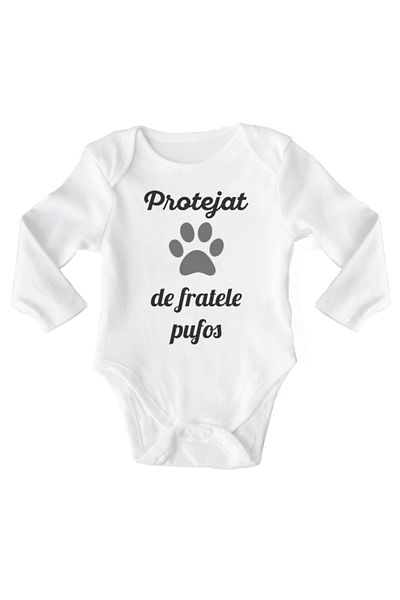 OEM Body bebe, Protejat de fratele pufos, 12-18 luni, maneca lunga, bonisa creativ, alb, 100% bumbac