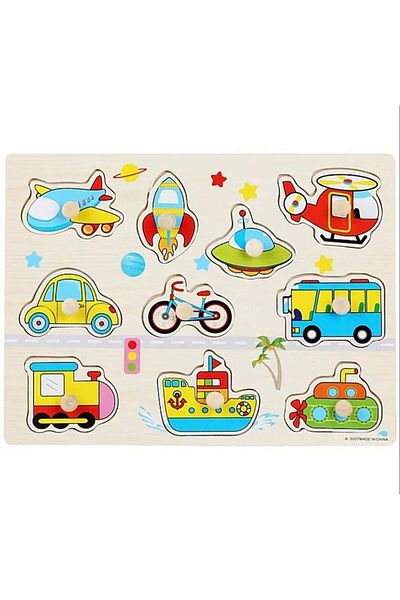 OEM Educational Wooden Puzzle with 10 Pieces - Vehicles with Button Handles