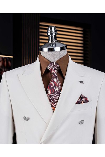 TerziAdemAltun Italian Style Slim Fit Herringbone Pattern Double Breasted Men's Single Jacket Ecru T14080