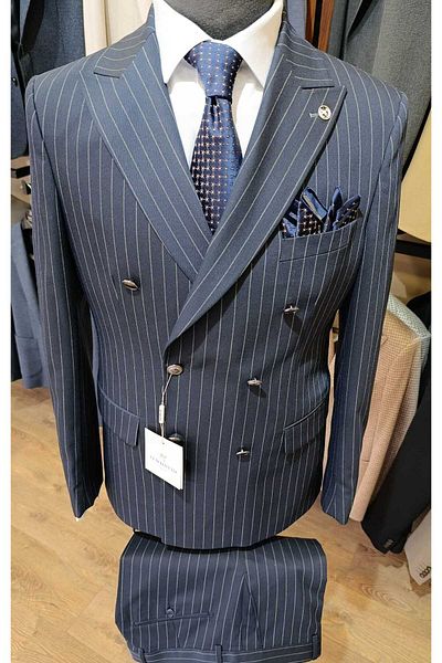 Ted Davıd Navy Blue Striped Double Breasted Suit