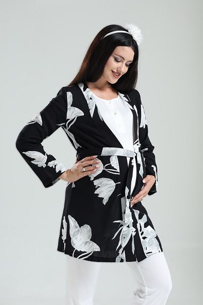 Pelin Women's Tuba Black Floral Patterned Maternity Pregnant 3-Piece Pajama Set
