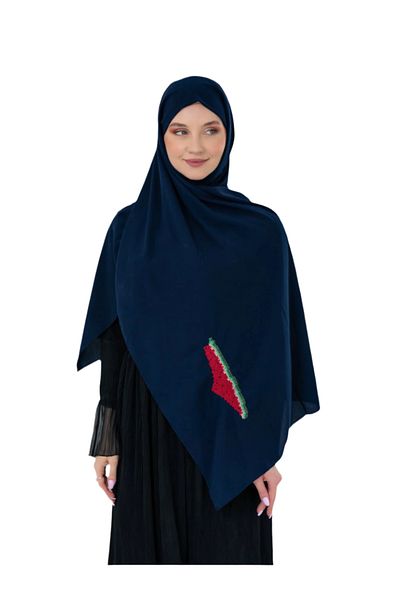 Zaytoon Polyster Navy Blue Color Shawl Palestine Map Embroidered with Watermelon Colors S100041