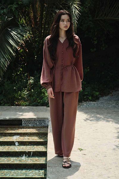 Hooopstore Modal Birit Button Detailed Copper Trousers Suit