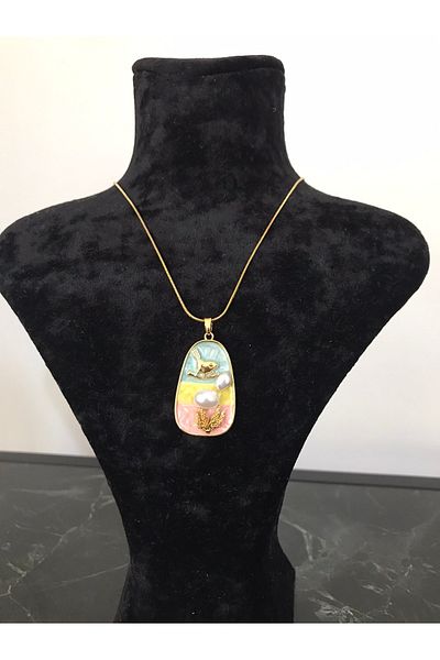 shop Mini Model Pastel Blue Yellow Pink Color Pearl Bird Detail Plate Necklace Steel